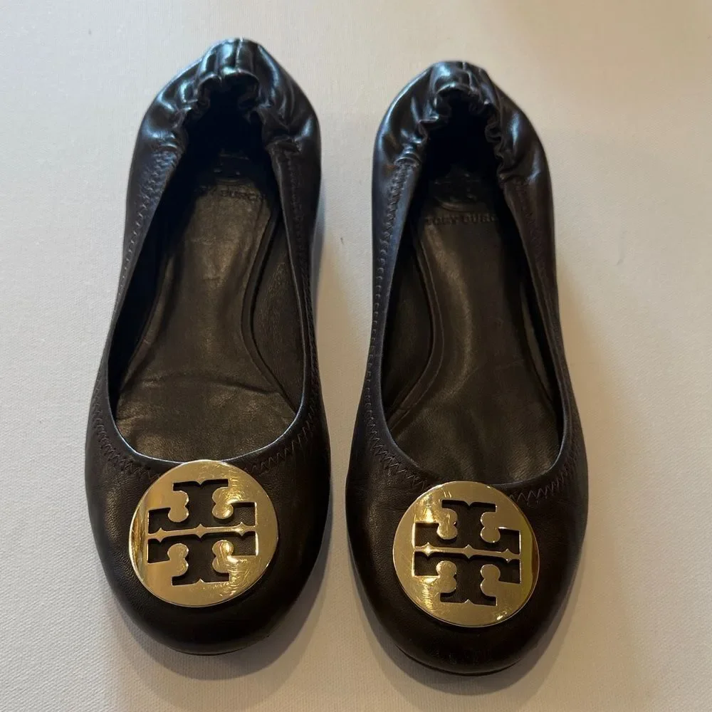 Tory Burch Women's Black Flats with Gold Logo
